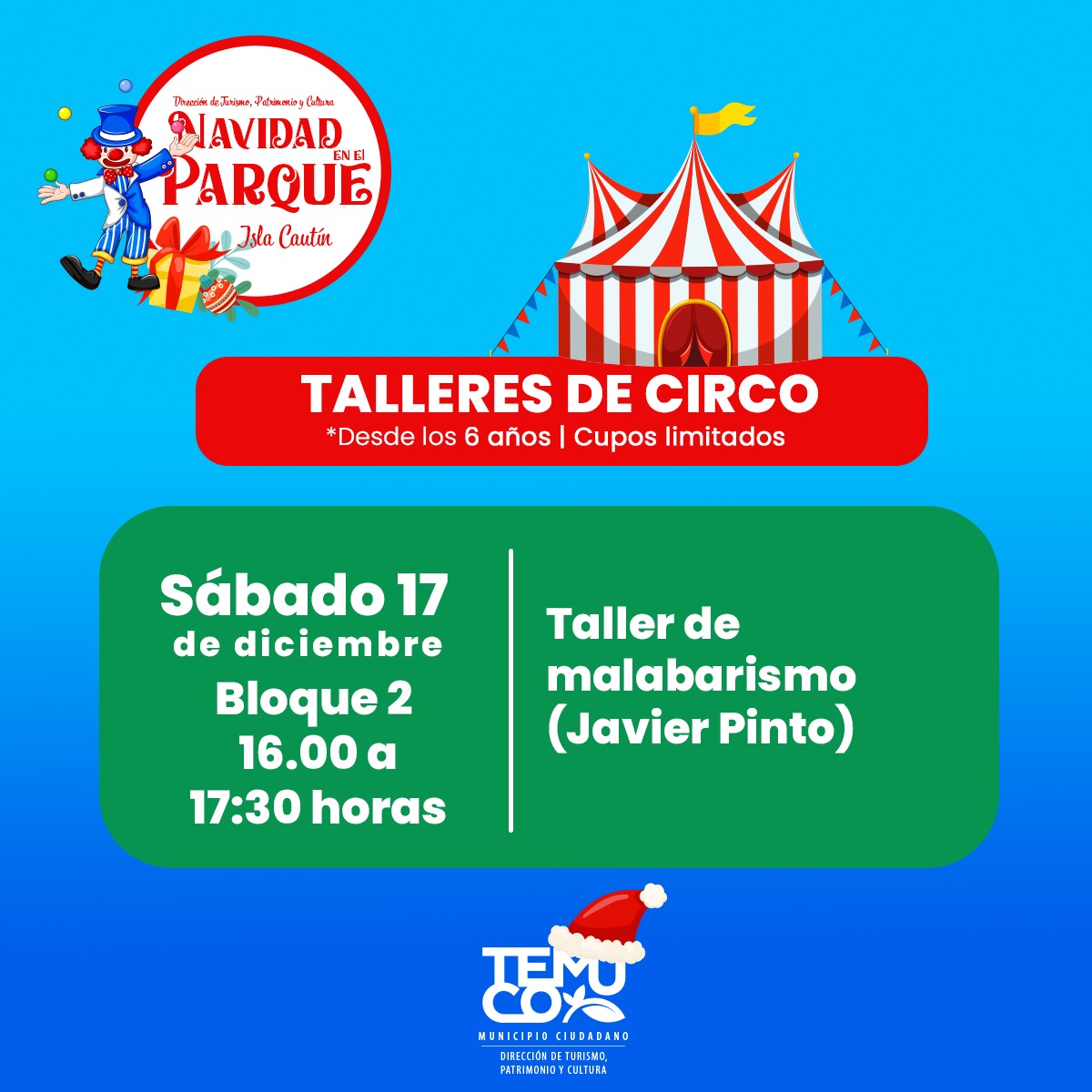 Taller de malabarismo - Sábado 17 de diciembre de 16:00 a 17:30 horas -  Turismo Temuco